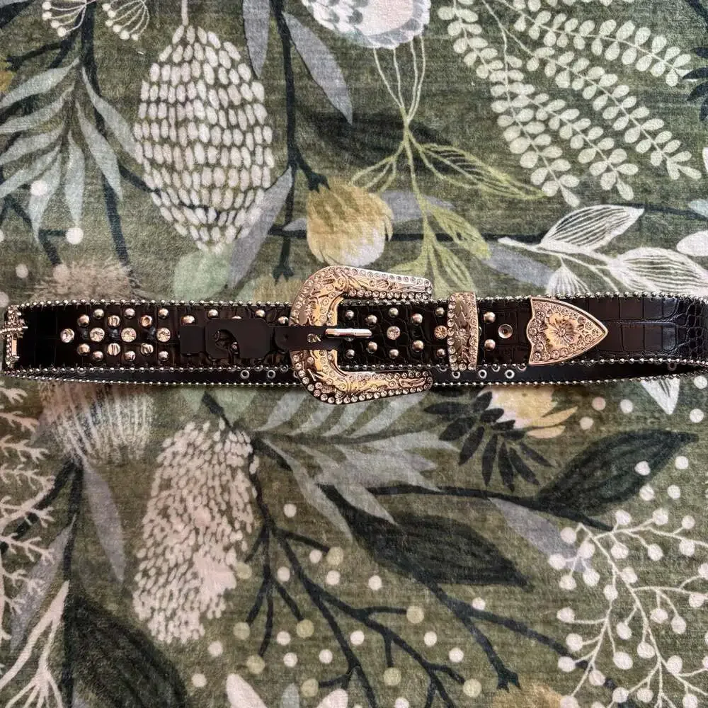 Y2K McBling Western Rhinestone and Cross Studded Black Crocodile Print Belt